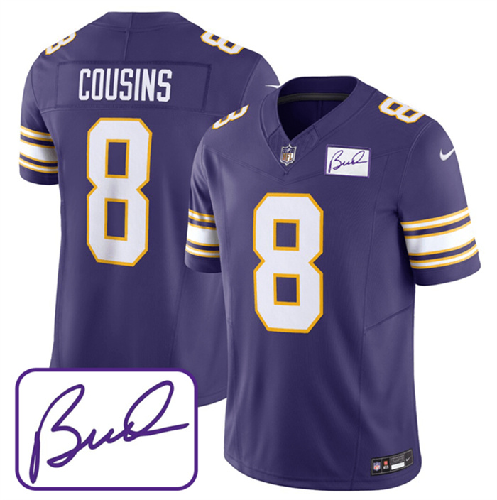 Men's Minnesota Vikings #8 Kirk Cousins Purple 2023 F.U.S.E. Bud Grant Patch Limited Stitched Jersey Men's Minnesota Vikings #8 Kirk Cousins Purple 2023 F.U.S.E. Bud Grant Patch Limited Stitched Jersey