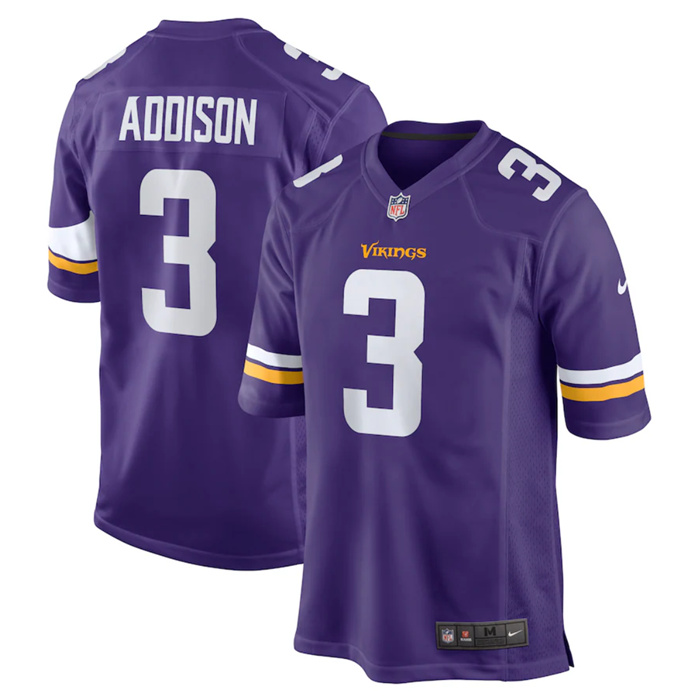 Men's Minnesota Vikings #3 Jordan Addison Purple Stitched Game Jersey Men's Minnesota Vikings #3 Jordan Addison Purple Stitched Game Jersey