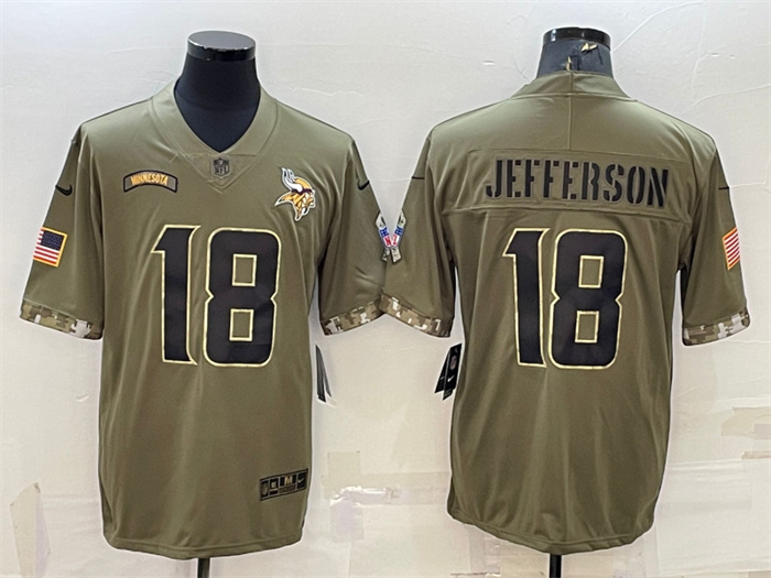 Men's Minnesota Vikings #18 Justin Jefferson Olive 2022 Salute To Service Limited Stitched Jersey Men's Minnesota Vikings #18 Justin Jefferson Olive 2022 Salute To Service Limited Stitched Jersey