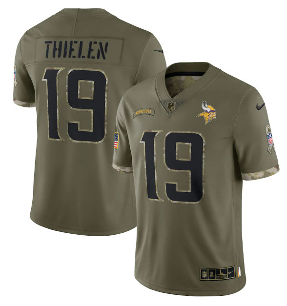 Men's Minnesota Vikings #19 Adam Thielen Olive 2022 Salute To Service Limited Stitched Jersey Men's Minnesota Vikings #19 Adam Thielen Olive 2022 Salute To Service Limited Stitched Jersey