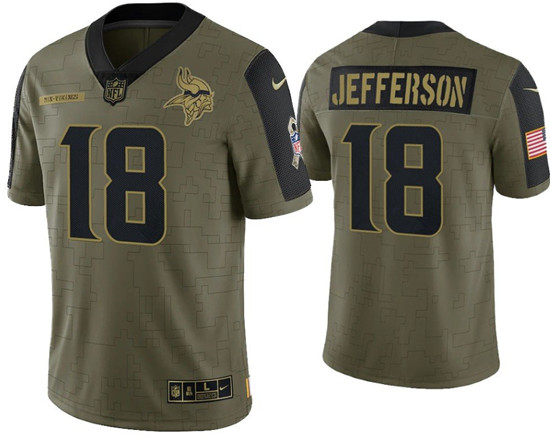 Men's Minnesota Vikings #18 Justin Jefferson 2021 Olive Salute To Service Limited Stitched Jersey Men's Minnesota Vikings #18 Justin Jefferson 2021 Olive Salute To Service Limited Stitched Jersey