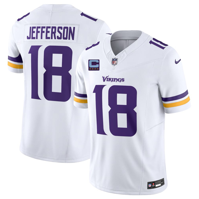 Men's Minnesota Vikings #18 Justin Jefferson White 2026 F.U.S.E. With 4-star C Patch And John Madden Patch Vapor Limited Stitched Football Jersey Men's Minnesota Vikings #18 Justin Jefferson White 2026 F.U.S.E. With 4-star C Patch And John Madden Patch Vapor Limited Stitched Football Jersey