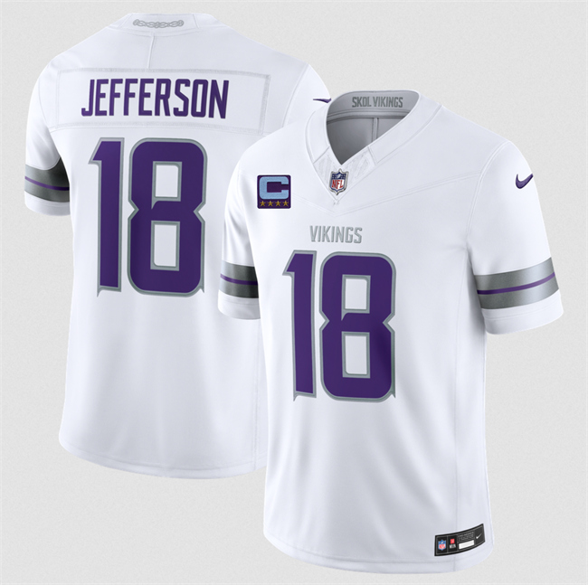 Men's Minnesota Vikings #18 Justin Jefferson White 2026 F.U.S.E. With 4-Star C Patch Winter Warrior Limited Stitched Jersey Men's Minnesota Vikings #18 Justin Jefferson White 2026 F.U.S.E. With 4-Star C Patch Winter Warrior Limited Stitched Jersey