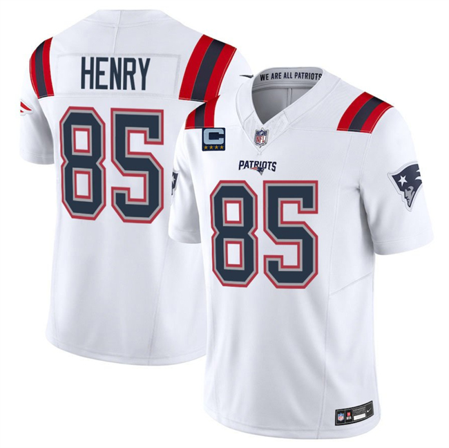 Men's New England Patriots #85 Hunter Henry White 2025 F.U.S.E. With 4-Star C Patch Vapor Limited Stitched Football Jersey Men's New England Patriots #85 Hunter Henry White 2025 F.U.S.E. With 4-Star C Patch Vapor Limited Stitched Football Jersey