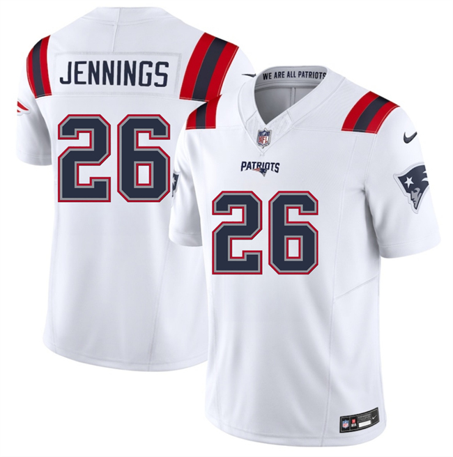 Men's New England Patriots #26 Terrell Jennings White 2025 F.U.S.E. Vapor Limited Stitched Football Jersey Men's New England Patriots #26 Terrell Jennings White 2025 F.U.S.E. Vapor Limited Stitched Football Jersey