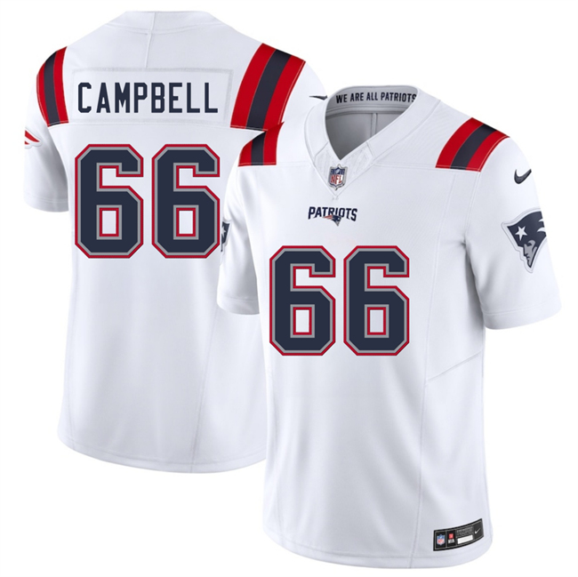 Men's New England Patriots #66 Will Campbell White 2025 F.U.S.E. Vapor Limited Stitched Football Jersey Men's New England Patriots #66 Will Campbell White 2025 F.U.S.E. Vapor Limited Stitched Football Jersey