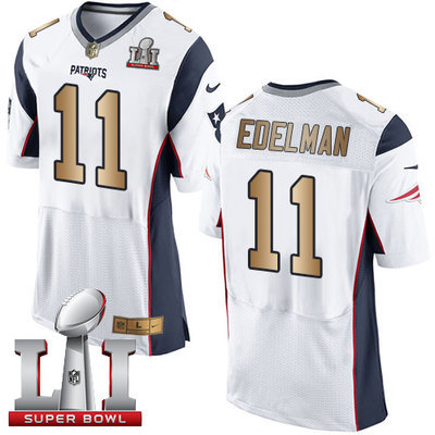 Nike Patriots #11 Julian Edelman White Super Bowl LI 51 Men's Stitched NFL New Elite Gold Jersey Nike Patriots #11 Julian Edelman White Super Bowl LI 51 Men's Stitched NFL New Elite Gold Jersey