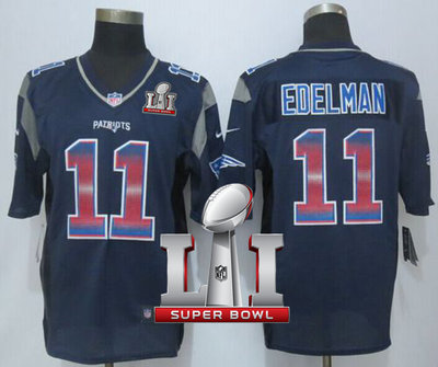 Nike Patriots #11 Julian Edelman Navy Blue Team Color Super Bowl LI 51 Men's Stitched NFL Limited Strobe Jersey Nike Patriots #11 Julian Edelman Navy Blue Team Color Super Bowl LI 51 Men's Stitched NFL Limited Strobe Jersey