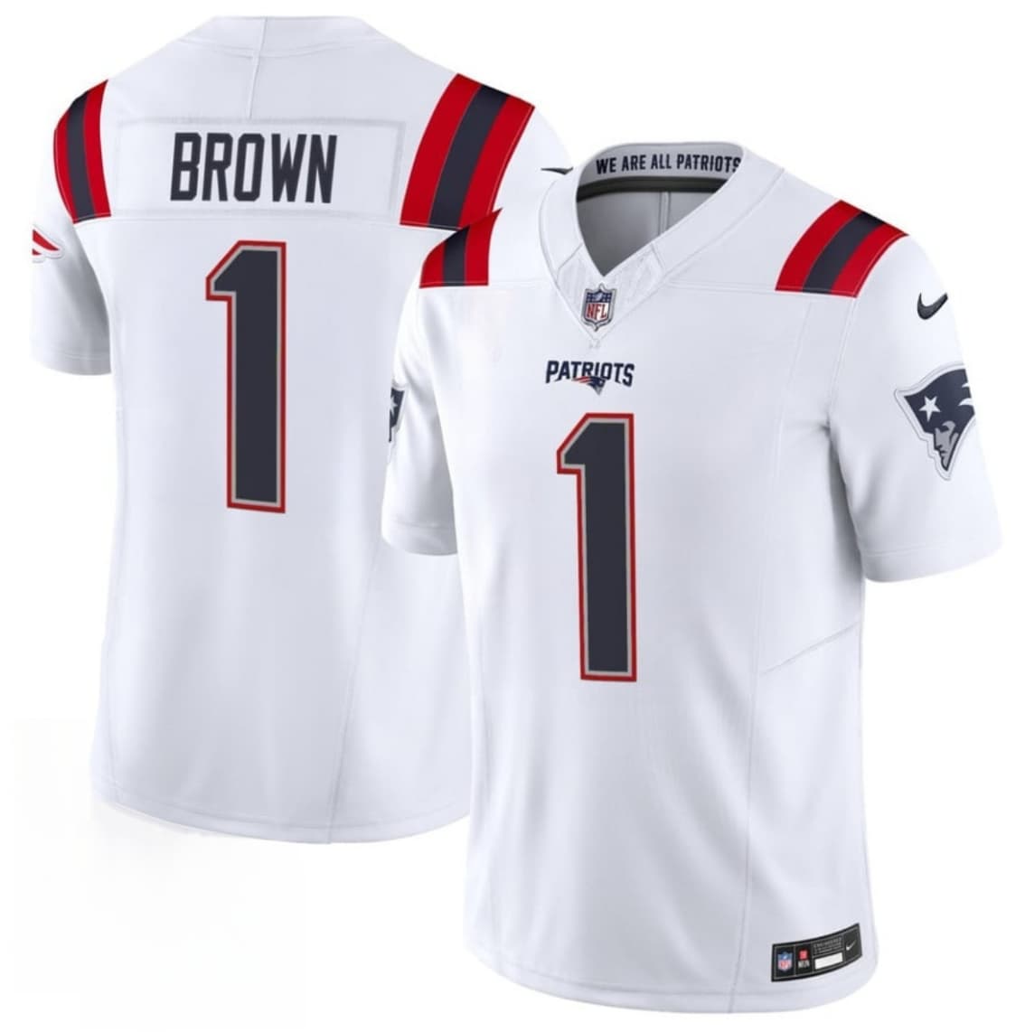 Men's New England Patriots #1 A.J. Brown White 2026 F.U.S.E. Vapor Limited Stitched Football Jersey