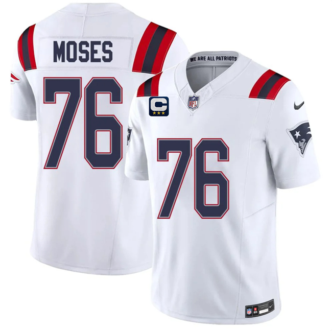 Men's New England Patriots #76 KMorgan Moses White 2026 F.U.S.E. 3-Star C Pach Vapor Limited Stitched Football Jersey Men's New England Patriots #76 KMorgan Moses White 2026 F.U.S.E. 3-Star C Pach Vapor Limited Stitched Football Jersey