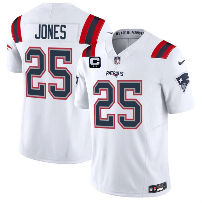 Men's New England Patriots #25 Marcus Jones White 2026 F.U.S.E. 2-Star C Pach Vapor Limited Stitched Football Jersey Men's New England Patriots #25 Marcus Jones White 2026 F.U.S.E. 2-Star C Pach Vapor Limited Stitched Football Jersey