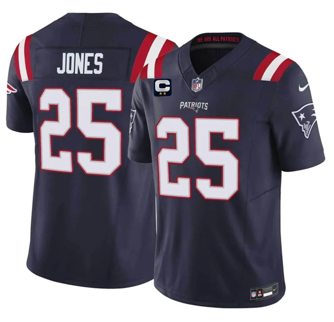 Men's New England Patriots #25 Marcus Jones Navy 2026 F.U.S.E. 2-Star C Pach Vapor Limited Stitched Football Jersey Men's New England Patriots #25 Marcus Jones Navy 2026 F.U.S.E. 2-Star C Pach Vapor Limited Stitched Football Jersey