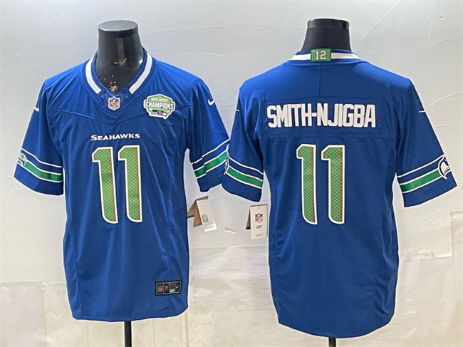 Men's Seattle Seahawks #11 Jaxon Smith-Njigba Royal F.U.S.E. 2025 NFC West Champions Patch Limited Stitched Football Jersey Men's Seattle Seahawks #11 Jaxon Smith-Njigba Royal F.U.S.E. 2025 NFC West Champions Patch Limited Stitched Football Jersey