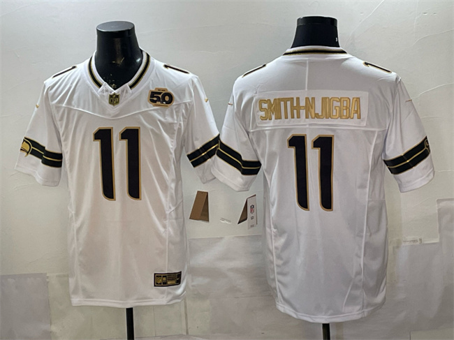 Men's Seattle Seahawks #11 Jaxon Smith-Njigba White Gold 2025 F.U.S.E. 50th Season Patch Limited Stitched Football Jersey Men's Seattle Seahawks #11 Jaxon Smith-Njigba White Gold 2025 F.U.S.E. 50th Season Patch Limited Stitched Football Jersey