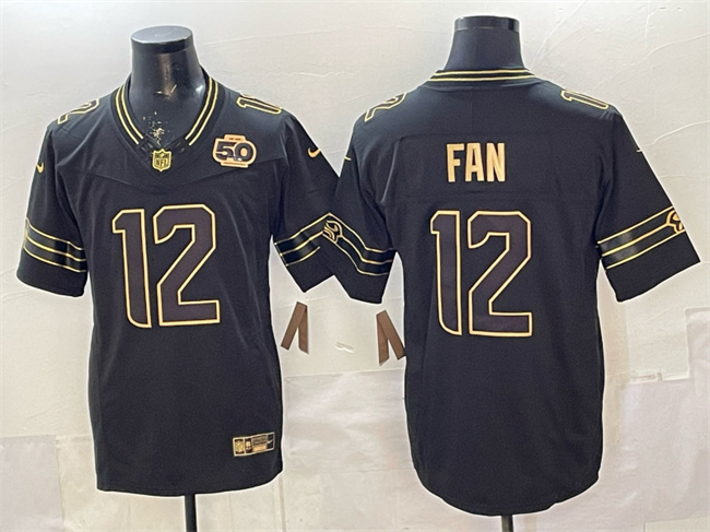 Men's Seattle Seahawks #12 Fan Black Gold 2025 F.U.S.E. 50th Season Patch Limited Stitched Football Jersey Men's Seattle Seahawks #12 Fan Black Gold 2025 F.U.S.E. 50th Season Patch Limited Stitched Football Jersey