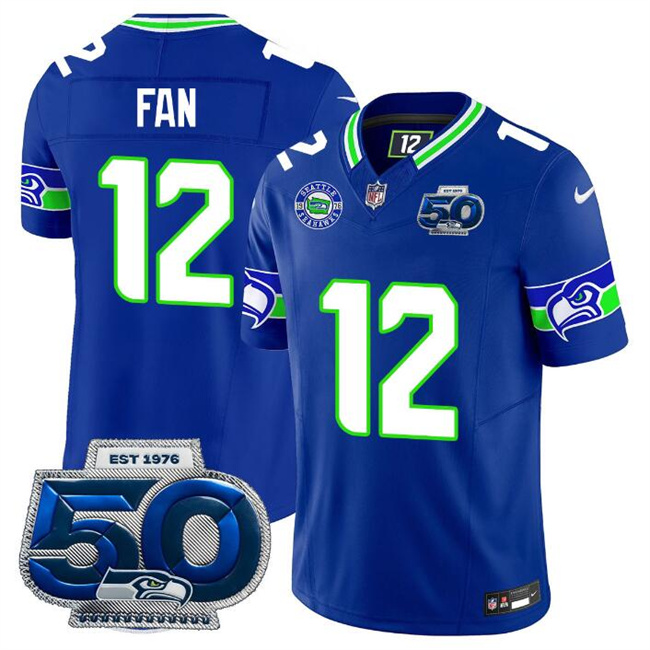 Men's Seattle Seahawks #12 Fan Royal 2025 F.U.S.E 50th Season Patch Throwback Vapor Limited Stitched Football Jersey Men's Seattle Seahawks #12 Fan Royal 2025 F.U.S.E 50th Season Patch Throwback Vapor Limited Stitched Football Jersey