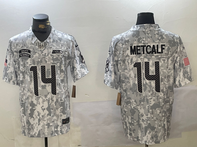 Men's Seattle Seahawks #14 DK Metcalf 2024 F.U.S.E Arctic Camo Salute To Service Limited Stitched Football Jersey Men's Seattle Seahawks #14 DK Metcalf 2024 F.U.S.E Arctic Camo Salute To Service Limited Stitched Football Jersey