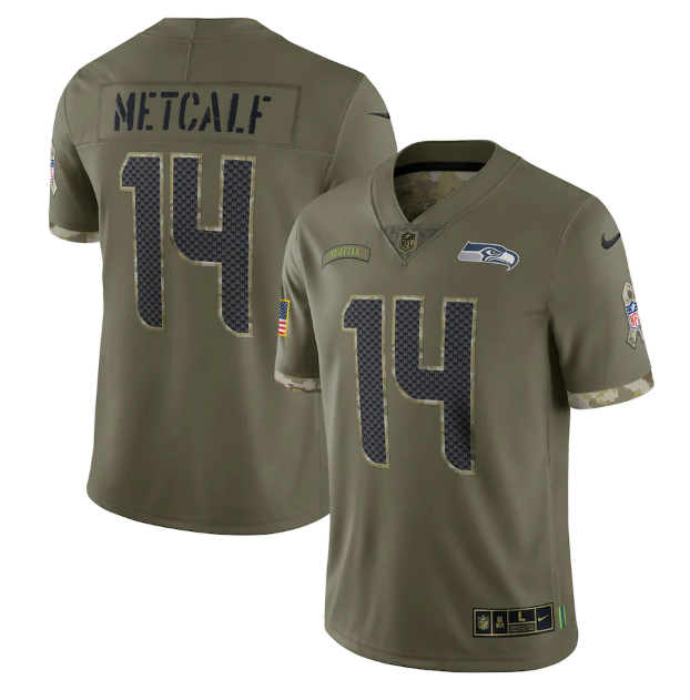 Men's Seattle Seahawks #14 DK Metcalf Olive 2022 Salute To Service Limited Stitched Jersey Men's Seattle Seahawks #14 DK Metcalf Olive 2022 Salute To Service Limited Stitched Jersey