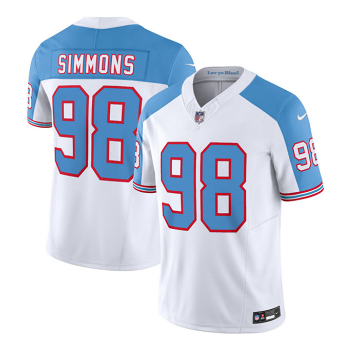 Men's Tennessee Titans #98 Jeffery Simmons White Blue 2023 F.U.S.E. Vapor Limited Throwback Stitched Football Jersey Men's Tennessee Titans #98 Jeffery Simmons White Blue 2023 F.U.S.E. Vapor Limited Throwback Stitched Football Jersey