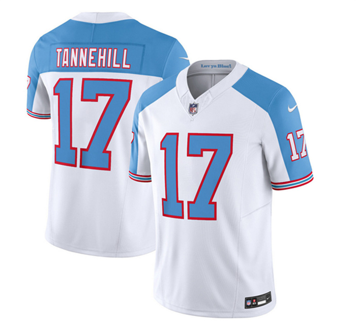 Men's Tennessee Titans #17 Ryan Tannehill White Blue 2023 F.U.S.E. Vapor Limited Throwback Stitched Football Jersey Men's Tennessee Titans #17 Ryan Tannehill White Blue 2023 F.U.S.E. Vapor Limited Throwback Stitched Football Jersey