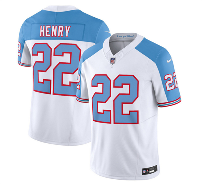 Men's Tennessee Titans #22 Derrick Henry White Blue 2023 F.U.S.E. Vapor Limited Throwback Stitched Football Jersey Men's Tennessee Titans #22 Derrick Henry White Blue 2023 F.U.S.E. Vapor Limited Throwback Stitched Football Jersey