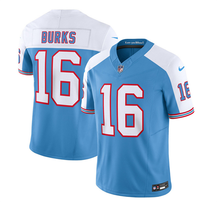 Men's Tennessee Titans #16 Treylon Burks Blue White 2023 F.U.S.E. Vapor Limited Throwback Stitched Football Jersey Men's Tennessee Titans #16 Treylon Burks Blue White 2023 F.U.S.E. Vapor Limited Throwback Stitched Football Jersey