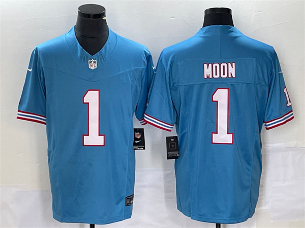 Men's Tennessee Titans #1 Warren Moon Light Blue 2023 F.U.S.E. Vapor Limited Throwback Stitched Football Jersey Men's Tennessee Titans #1 Warren Moon Light Blue 2023 F.U.S.E. Vapor Limited Throwback Stitched Football Jersey