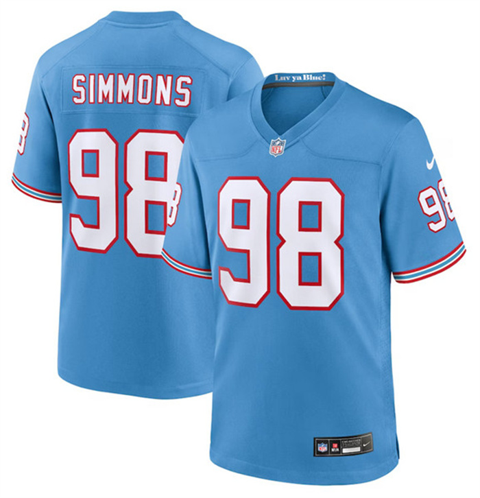 Men's Tennessee Titans #98 Jeffery Simmons Light Blue Throwback Player Stitched Game Jersey Men's Tennessee Titans #98 Jeffery Simmons Light Blue Throwback Player Stitched Game Jersey