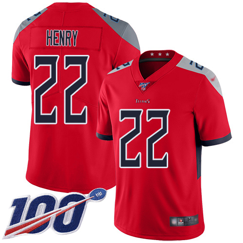 Nike Titans #22 Derrick Henry Red Men's Stitched Football Limited Inverted Legend 100th Season Jersey Nike Titans #22 Derrick Henry Red Men's Stitched Football Limited Inverted Legend 100th Season Jersey