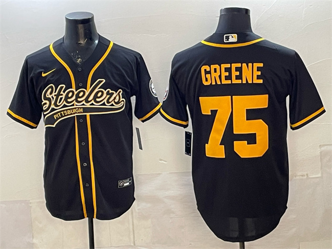Men's Pittsburgh Steelers #75 Joe Greene Black With Patch Cool Base Stitched Baseball Jersey Men's Pittsburgh Steelers #75 Joe Greene Black With Patch Cool Base Stitched Baseball Jersey