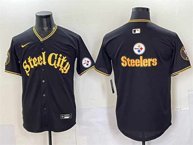 Men's Pittsburgh Steelers Team Big Logo Black 412 Patch Vapor Premier Limited Stitched Baseball Jersey 1 Men's Pittsburgh Steelers Team Big Logo Black 412 Patch Vapor Premier Limited Stitched Baseball Jersey 1