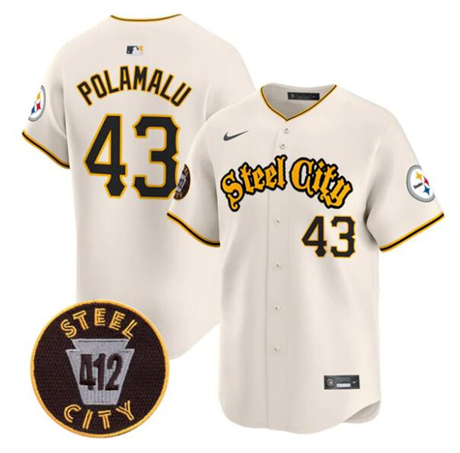 Men's Pittsburgh Steelers #43 Troy Polamalu Cream 412 Patch Vapor Premier Limited Stitched Baseball Jersey Men's Pittsburgh Steelers #43 Troy Polamalu Cream 412 Patch Vapor Premier Limited Stitched Baseball Jersey