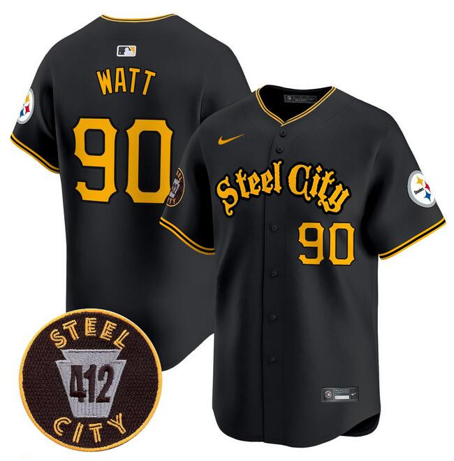 Men's Pittsburgh Steelers #90 T.J. Watt Black 412 Patch Vapor Premier Limited Stitched Baseball Jersey Men's Pittsburgh Steelers #90 T.J. Watt Black 412 Patch Vapor Premier Limited Stitched Baseball Jersey