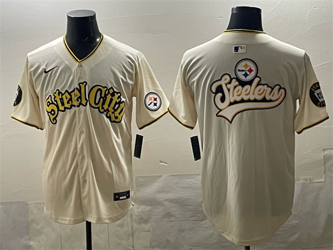 Men's Pittsburgh Steelers Team Big Logo Cream 412 Patch Vapor Premier Limited Stitched Baseball Jersey Men's Pittsburgh Steelers Team Big Logo Cream 412 Patch Vapor Premier Limited Stitched Baseball Jersey
