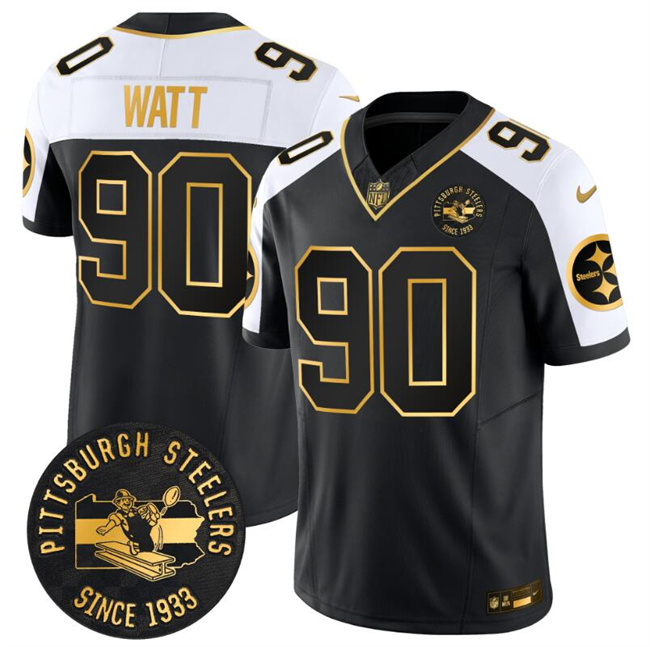 Men's Pittsburgh Steelers #90 T.J. Watt Black Gold Alternate F.U.S.E. Throwback 1933 Patch Vapor Limited Stitched Football Jersey Men's Pittsburgh Steelers #90 T.J. Watt Black Gold Alternate F.U.S.E. Throwback 1933 Patch Vapor Limited Stitched Football Jersey