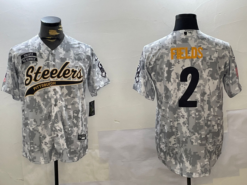 Men's Pittsburgh Steelers #2 Justin Fields 2024 Arctic Camo Salute To Service Stitched Baseball Jersey Men's Pittsburgh Steelers #2 Justin Fields 2024 Arctic Camo Salute To Service Stitched Baseball Jersey