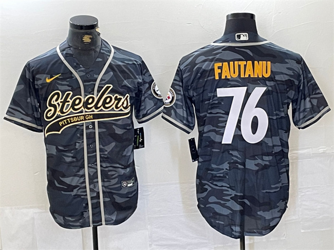 Men's Pittsburgh Steelers #76 Troy Fautanu Grey Camo With Patch Cool Base Stitched Baseball Jersey Men's Pittsburgh Steelers #76 Troy Fautanu Grey Camo With Patch Cool Base Stitched Baseball Jersey