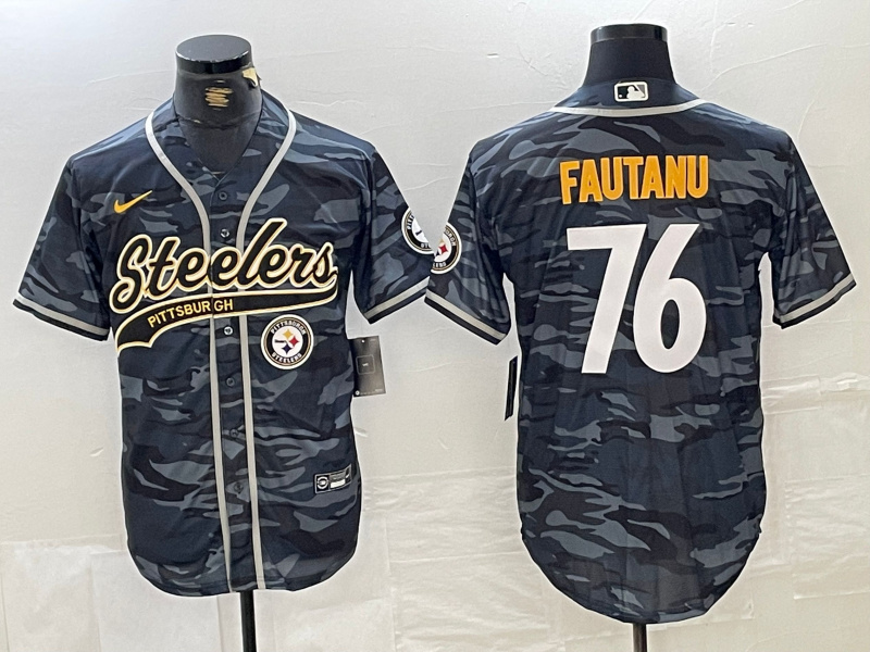 Men's Pittsburgh Steelers #76 Troy Fautanu Black With Patch Cool Base Stitched Baseball Jersey 3 Men's Pittsburgh Steelers #76 Troy Fautanu Black With Patch Cool Base Stitched Baseball Jersey 3