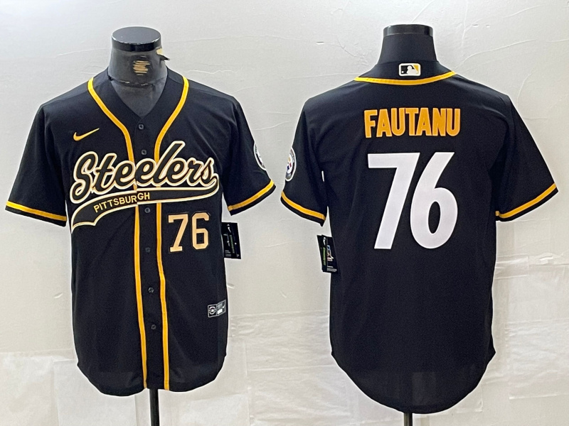 Men's Pittsburgh Steelers #76 Troy Fautanu Black With Patch Cool Base Stitched Baseball Jersey 1 Men's Pittsburgh Steelers #76 Troy Fautanu Black With Patch Cool Base Stitched Baseball Jersey 1