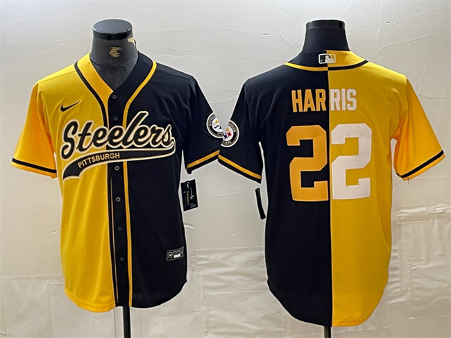 Men's Pittsburgh Steelers #22 Najee Harris Yellow Black Split With Patch Cool Base Stitched Baseball Jersey Men's Pittsburgh Steelers #22 Najee Harris Yellow Black Split With Patch Cool Base Stitched Baseball Jersey