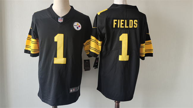 Men's Pittsburgh Steelers #1 Justin Fields Black Color Rush Limited Stitched Jersey Men's Pittsburgh Steelers #1 Justin Fields Black Color Rush Limited Stitched Jersey