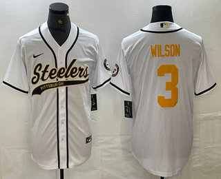 Men's Pittsburgh Steelers #3 Russell Wilson White With Patch Cool Base Stitched Baseball Jersey Men's Pittsburgh Steelers #3 Russell Wilson White With Patch Cool Base Stitched Baseball Jersey