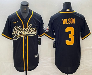 Men's Pittsburgh Steelers #3 Russell Wilson Black With Patch Cool Base Stitched Baseball Jersey Men's Pittsburgh Steelers #3 Russell Wilson Black With Patch Cool Base Stitched Baseball Jersey