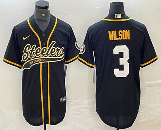 Mens Pittsburgh Steelers #3 Russell Wilson Black With Patch Cool Base Stitched Baseball Jersey Mens Pittsburgh Steelers #3 Russell Wilson Black With Patch Cool Base Stitched Baseball Jersey