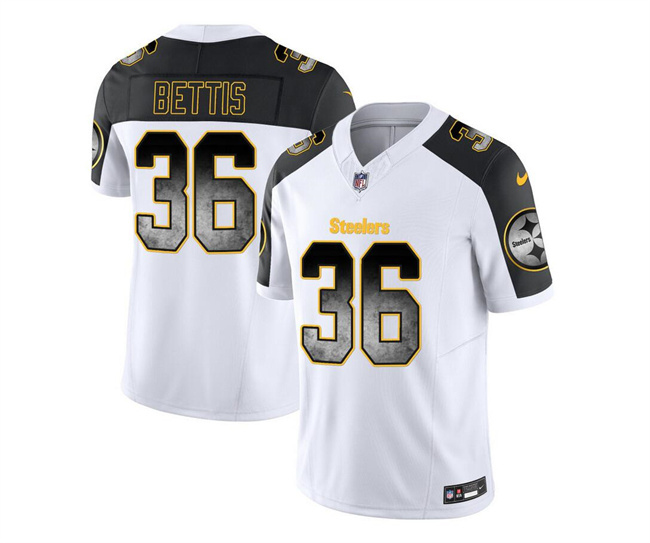 Men's Pittsburgh Steelers #36 Jerome Bettis White Black 2023 F.U.S.E. Smoke Vapor Untouchable Limited Stitched Jersey Men's Pittsburgh Steelers #36 Jerome Bettis White Black 2023 F.U.S.E. Smoke Vapor Untouchable Limited Stitched Jersey