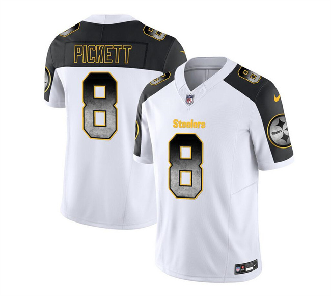 Men's Pittsburgh Steelers #8 Kenny Pickett White Black 2023 F.U.S.E. Smoke Vapor Untouchable Limited Stitched Jersey Men's Pittsburgh Steelers #8 Kenny Pickett White Black 2023 F.U.S.E. Smoke Vapor Untouchable Limited Stitched Jersey