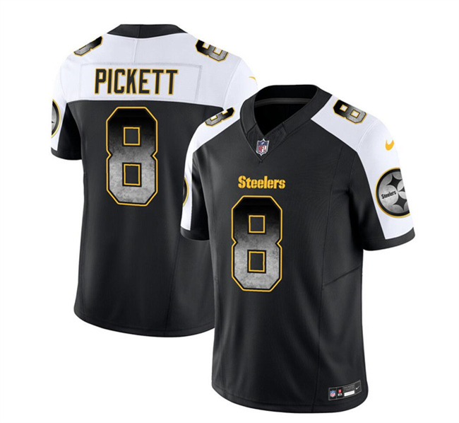 Men's Pittsburgh Steelers #8 Kenny Pickett Black White 2023 F.U.S.E. Smoke Vapor Untouchable Limited Stitched Jersey Men's Pittsburgh Steelers #8 Kenny Pickett Black White 2023 F.U.S.E. Smoke Vapor Untouchable Limited Stitched Jersey
