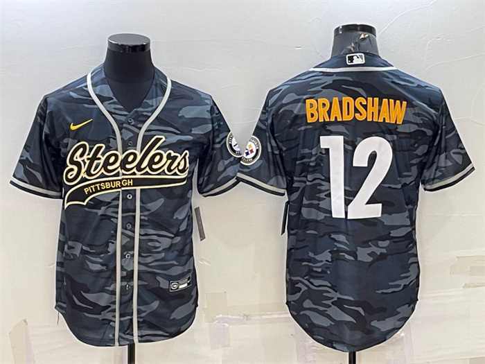 Men's Pittsburgh Steelers #12 Terry Bradshaw Grey Navy Camo With Patch Cool Base Stitched Baseball Jersey Men's Pittsburgh Steelers #12 Terry Bradshaw Grey Navy Camo With Patch Cool Base Stitched Baseball Jersey