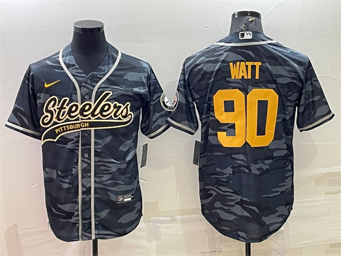 Men's Pittsburgh Steelers #90 T. J. Watt Grey Navy Camo With Patch Cool Base Stitched Baseball Jersey Men's Pittsburgh Steelers #90 T. J. Watt Grey Navy Camo With Patch Cool Base Stitched Baseball Jersey