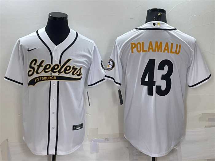 Men's Pittsburgh Steelers #43 Troy Polamalu White With Patch Cool Base Stitched Baseball Jersey Men's Pittsburgh Steelers #43 Troy Polamalu White With Patch Cool Base Stitched Baseball Jersey